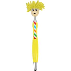 A yellow pen with a smiling face topper featuring fluffy hair and a striped tie. It has a logo on the barrel.
