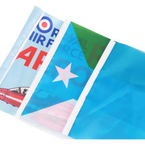 A rectangular cheering flag stick featuring a mix of blue and green designs, with a logo present.