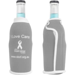 A drink bottle cooler in grey with a white accent and a logo, designed to fit standard bottles.