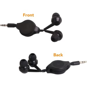 A pair of black retractable earbuds headset, displayed from the front and back views, with a logo visible.