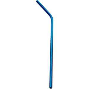 A blue stainless steel straw with a slight bend, suitable for drinking beverages. Features a logo.