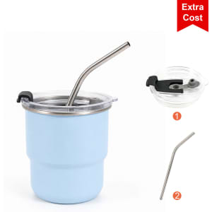 A camping mug in light blue with a stainless steel straw and a lid featuring a straw opening. Includes a logo.