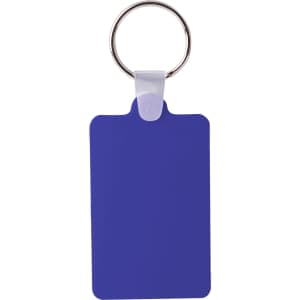 A rectangular blue Durasoft keyring with a silver metal ring for attaching keys or other items.
