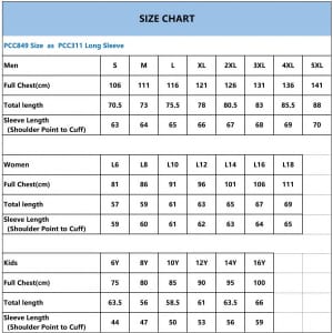 A size chart featuring measurements for unisex adults, women, and kids for long sleeve polo shirts, with various sizes listed.