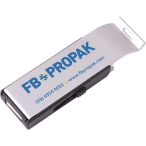 A drink bottle opener combined with a silver and black flash drive, featuring a branding logo.