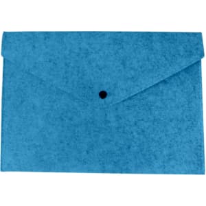 A blue felt file folder with a flap and button closure, featuring a simple design and no visible branding.