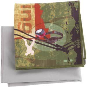 A quick dry towel in green with a graphic design, folded over a plain grey towel. Both feature a logo.
