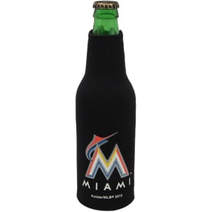 A drink bottle is wrapped in a black zippered cooler with a logo featuring multicoloured graphics.
