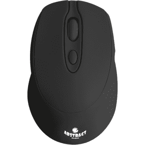 A black wireless mouse with two buttons and a scroll wheel. Features a logo on the base.