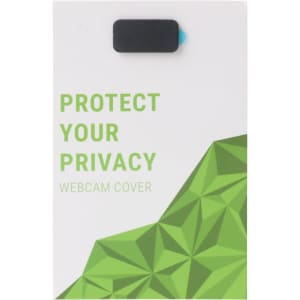 A black upgraded mini webcam cover on a green and white branded packaging featuring geometric patterns.