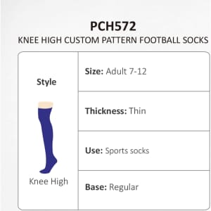 Knee high football socks in purple, featuring a custom pattern. Includes a branding logo. Thickness is thin.