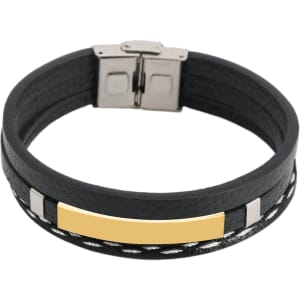 A multi-layer braided leather bracelet in black with a gold accent and silver detailing, featuring a metallic clasp.