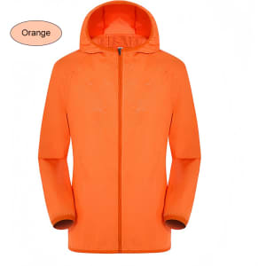 An orange unisex jacket made of 100% polyester, featuring a hood and sun protection, with branding present.