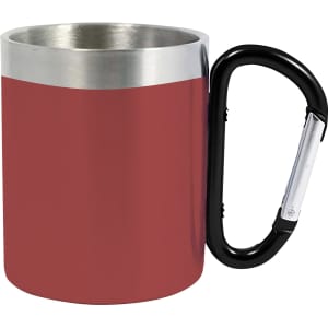 A drink bottle featuring a red, recycled stainless steel body with a silver rim and a black carabiner handle.