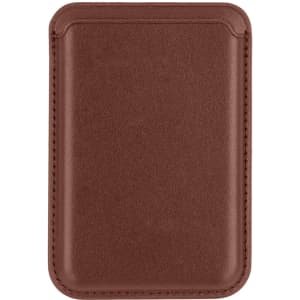 A brown PU magnetic phone card holder with a sleek, minimalist design and a logo on the front.