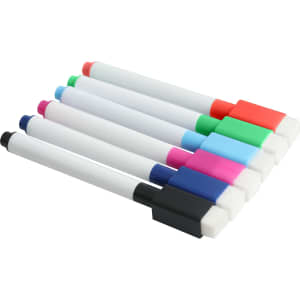 A set of six whiteboard markers in black, blue, pink, green, red, and purple, featuring chisel tips and white barrels.
