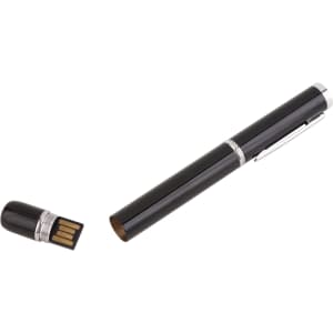 A black USB memory pen with a removable cap and silver accents, featuring a logo.