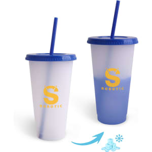 A drink cup set featuring a colour changing design, with a blue lid and straw, and branding.