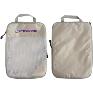 Two beige travel packing cubes with mesh sections and handles, featuring a logo on one side.