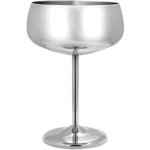 A stainless steel cocktail coupe with a shiny, reflective surface and a stable base, featuring a stem and bowl design.