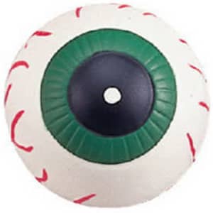 A round stress ball designed to resemble an eyeball, featuring green, black, and white colours with red detailing.