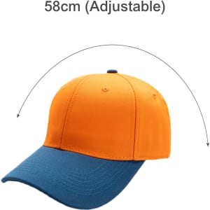 An adjustable six-panel baseball cap in orange and blue, featuring a curved peak and a logo.