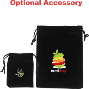 Two black drawstring pouches with a logo, one larger and one smaller.