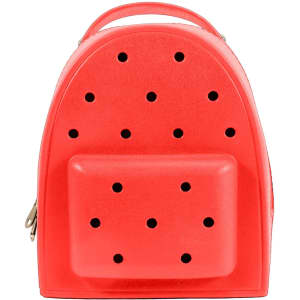 A bright red EVA backpack featuring a textured design with holes and a front pocket. It has a carry handle on top.