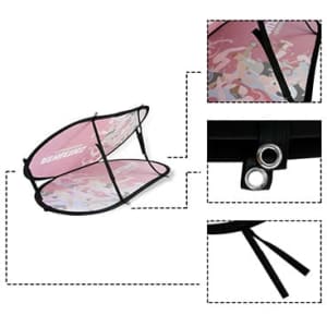 A medium bean-shaped pop-up banner in pink with a patterned design, featuring a sturdy black frame and ties.