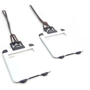 Two white ABS luggage tags with black accents and a transparent section for personal information, featuring a logo.