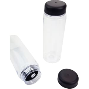 A drink bottle with a clear body and a black lid, featuring a logo on the side.