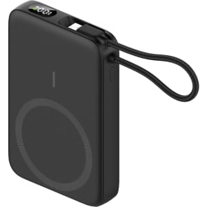 A black 10000mAh magnetic wireless power bank with a charging cable and a strap for easy carrying.