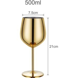 A gold stainless steel wine goblet with a capacity of 500ml and dimensions of 21cm height and 7.5cm diameter.