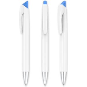 A set of grey pens with blue accents and a silver tip, featuring a logo on their body.