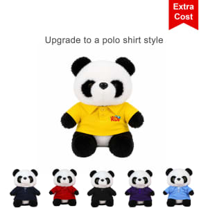 A plush toy panda with black and white fur, wearing a bright yellow polo shirt, surrounded by other panda plush toys in various colours.