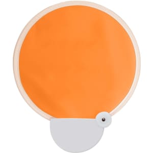 An orange 20cm foldable fan featuring a white base and a button for opening and closing.
