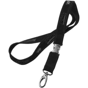 A black neoprene lanyard with a metal clip and branding, featuring a soft texture and durable design.