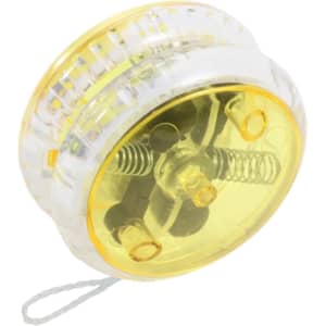 A yellow and clear light-up yoyo with a visible internal mechanism and a string attached.
