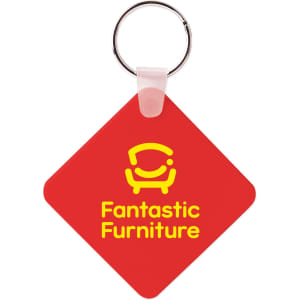 A square, red keyring with a silver metal keychain and a logo on one side.