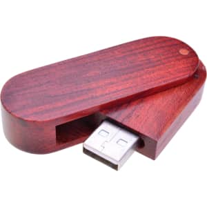 A swivel wooden flash drive in a rich brown colour with a sliding mechanism and a USB connector.