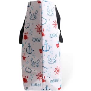 A large polyester cooler tote bag featuring a nautical design in red, blue, and white, with black handles.