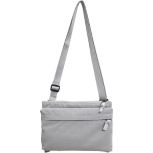A lightweight crossbody bag in grey with adjustable strap and multiple zippered compartments. It features a logo.
