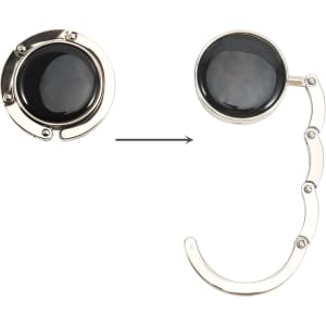 A round foldable desk hook in silver and black, featuring a sleek design and a pivoting arm.