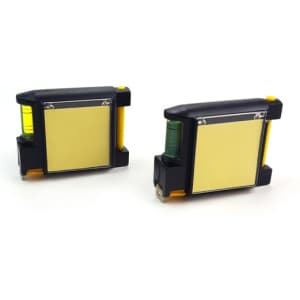 A black and yellow combo multifunctional tape measure featuring a built-in level, with two devices displayed.