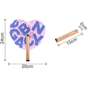 A heart-shaped wooden paper fan in pink and purple, featuring a wooden handle measuring 15 cm.