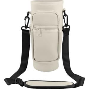 A drink bottle carrier bag in white with a black adjustable strap and a zippered pocket for a phone.