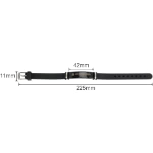An engraved black bracelet with dimensions of 225mm length, 42mm width, and 11mm depth. It features a logo.