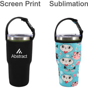 A drink bottle holder pouch in black with a logo and a colourful cat-patterned design, both with carry straps.