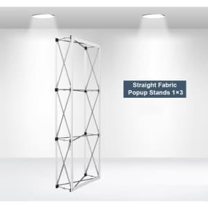 A straight fabric popup display stand in a silver frame, featuring a minimalist design and an empty backdrop.