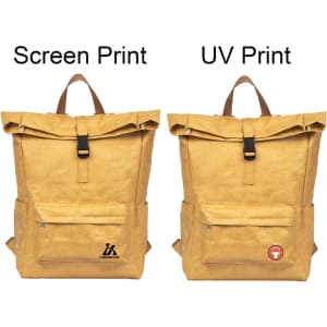 A tan Tyvek roll-top backpack with a front pocket and adjustable straps, featuring two print styles and a logo.